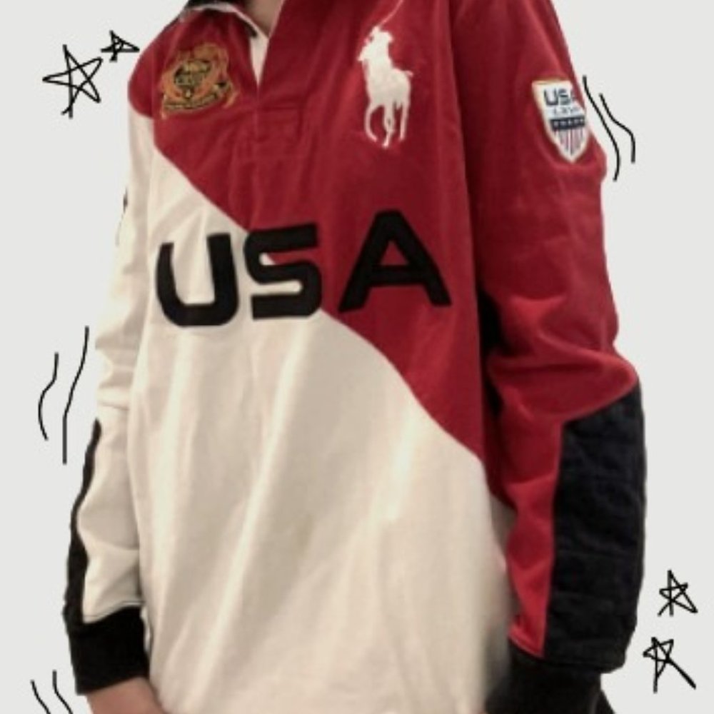 Large Vintage Red White and Black #3 USA Ralph Lauren Rugby Jersey
